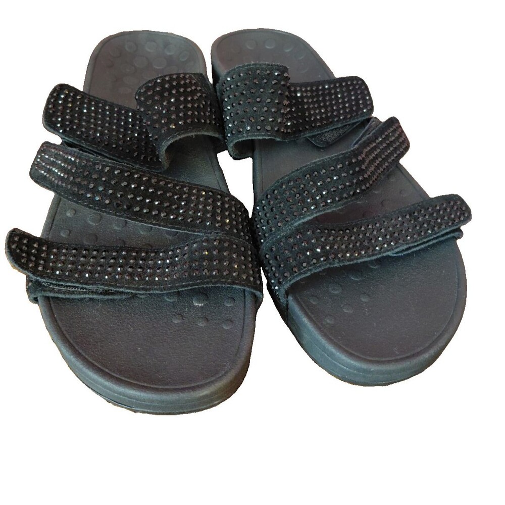 Vionic Alexis Sandals Black Suede Rhinestone Strappy Slide Platform Women's 7